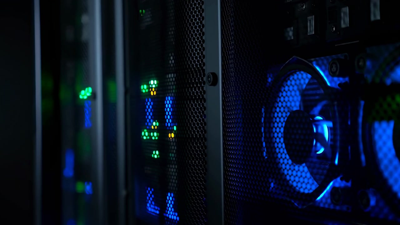 A static scene of servers in a metallic data center with blue and green cooling fans, viewed from a side angle. The technological setting is clean and modern, commercial and techy.