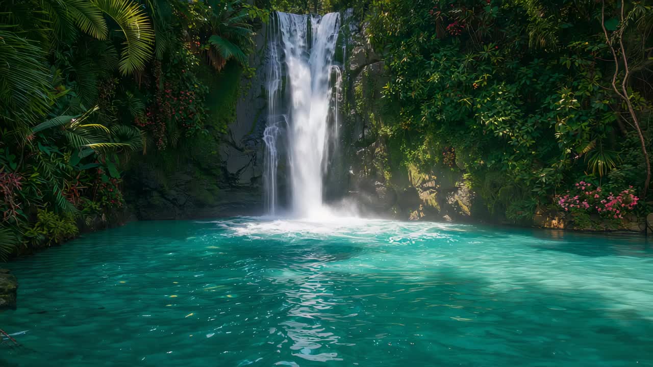 Plunging steady flow in gorge forming foamy ring and ripples on turquoise pool with pink shrubs