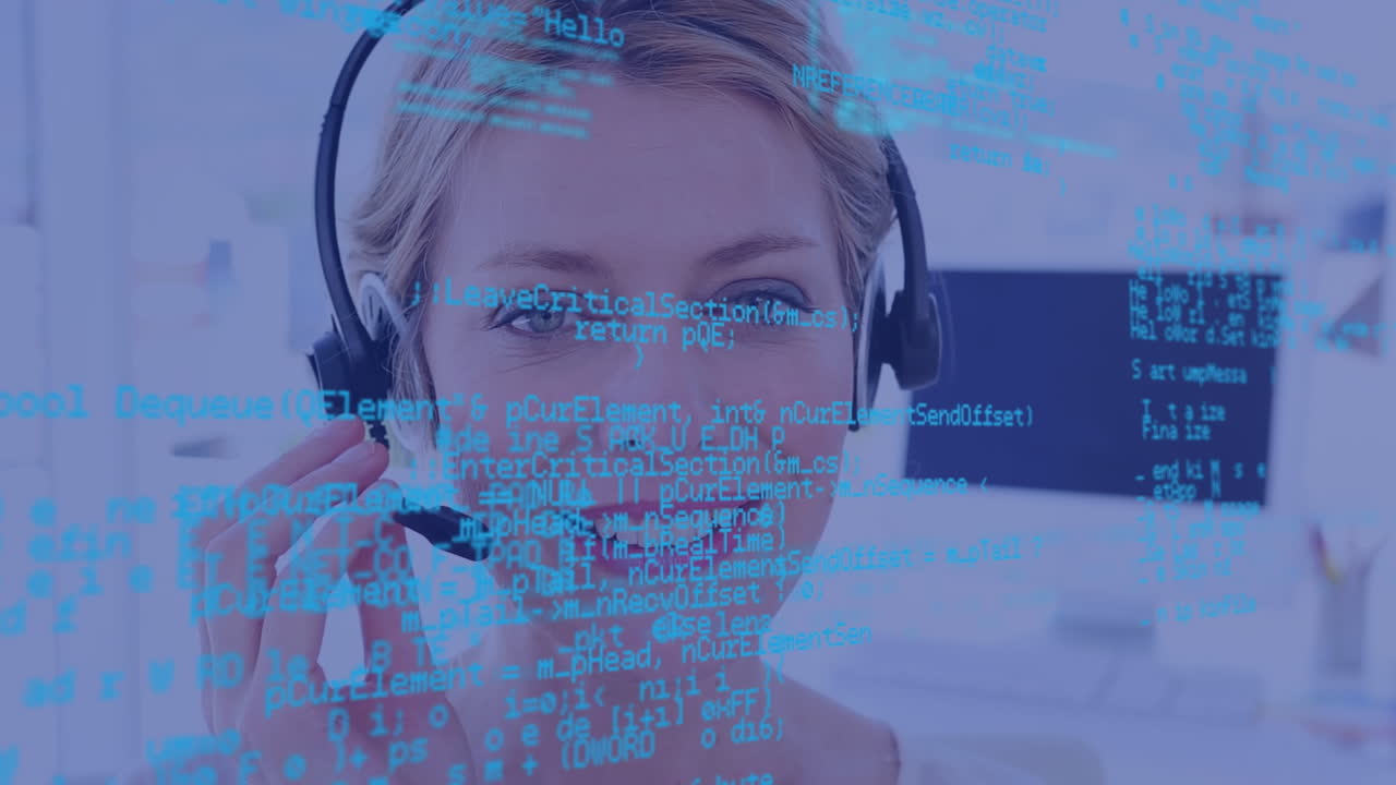 Data processing against caucasian female customer care executive talking on phone headset