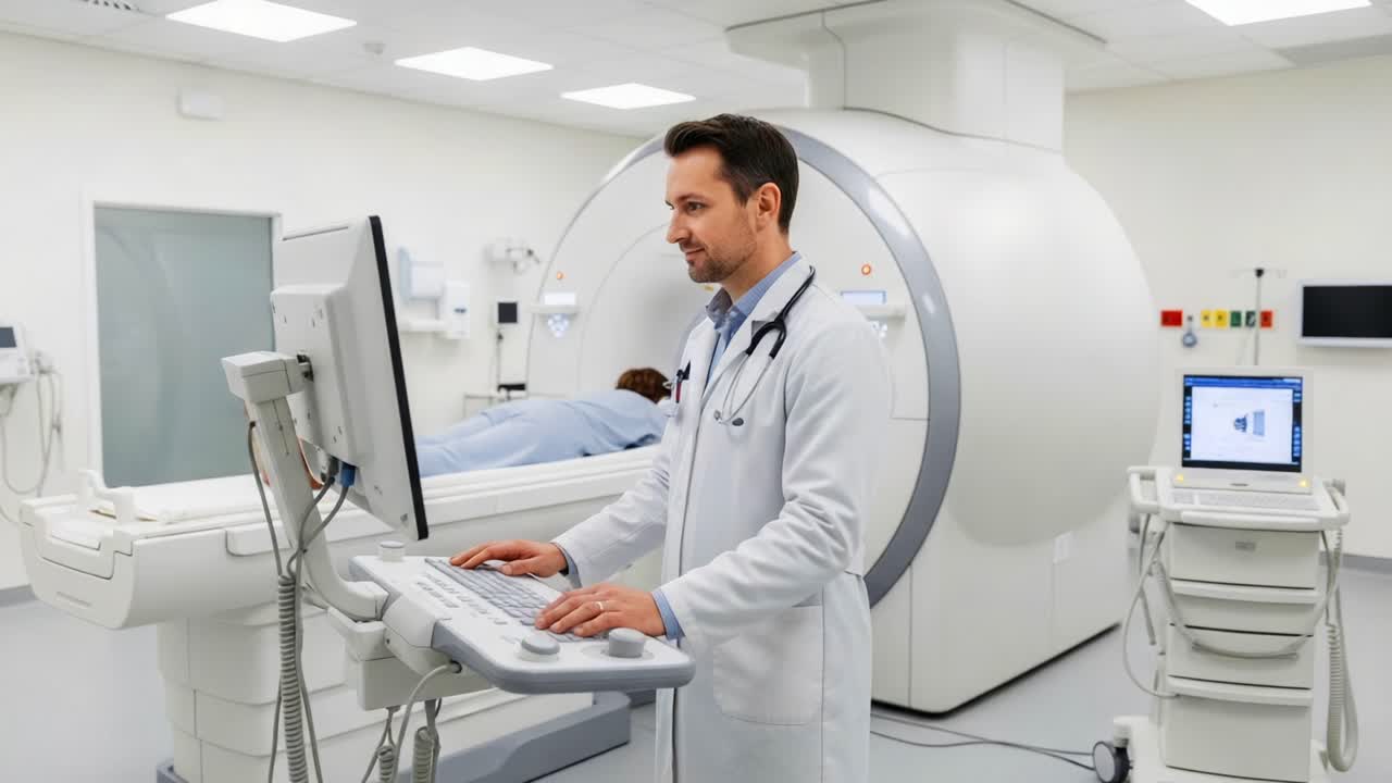 Un Professionista Medico Concentrato Utilizza Tecnologia MRI Avanzata in una Moderna Struttura Sanitaria, Garantendo la Cura del Paziente e Diagnosi Accurate