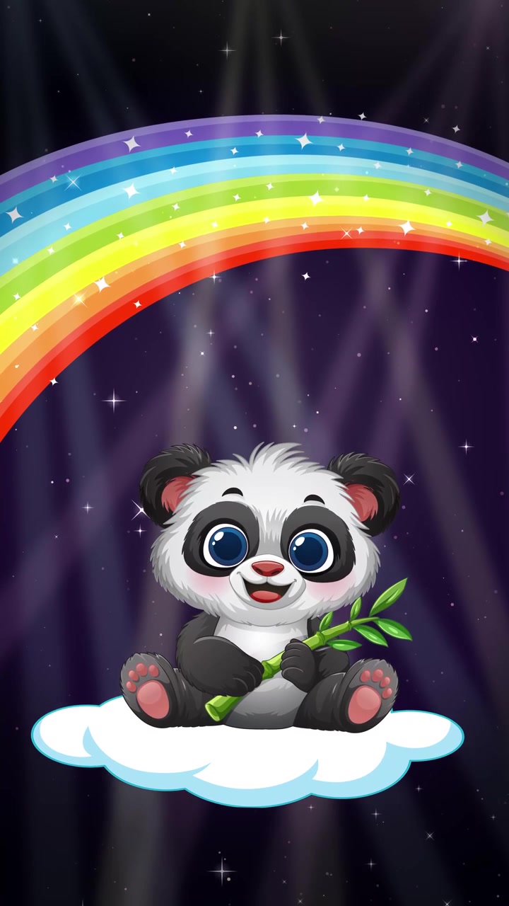 Personaggio panda carino che tiene il bambù, seduto su una nuvola fluttuante contro una notte stellata con un arcobaleno.