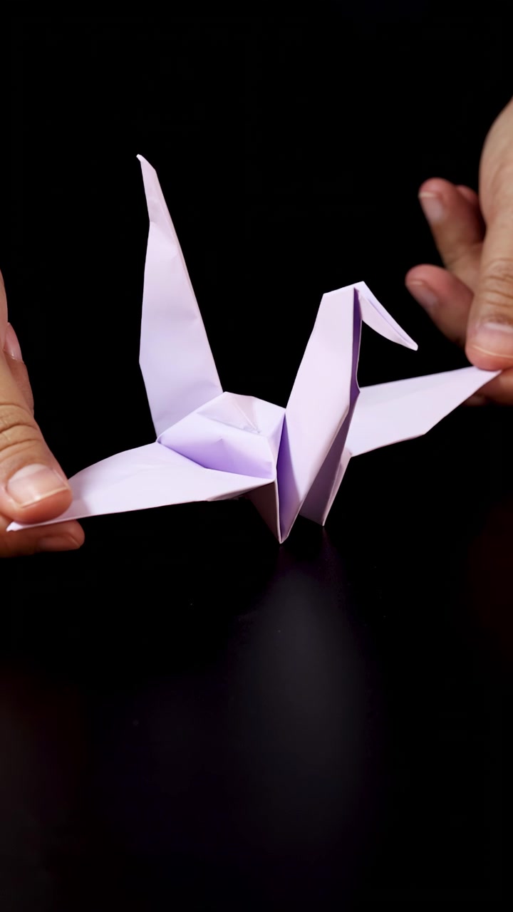 Hands complete and present a paper origami crane under dramatic, focused lighting on black background