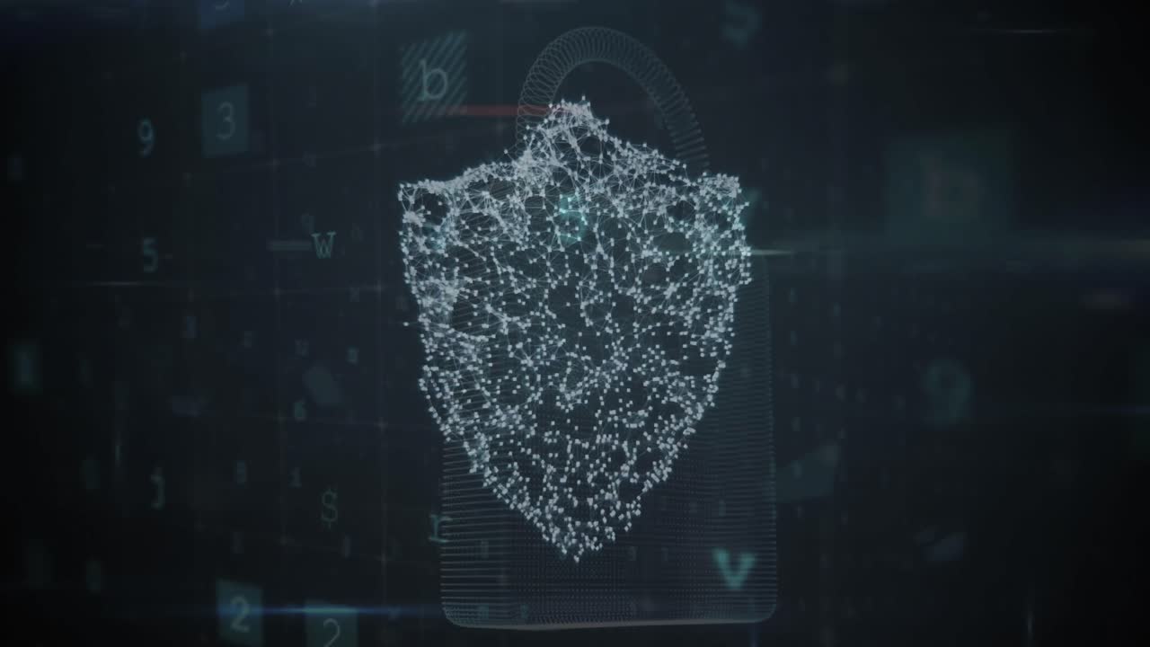 Animation of changing numbers and letters over online security shield