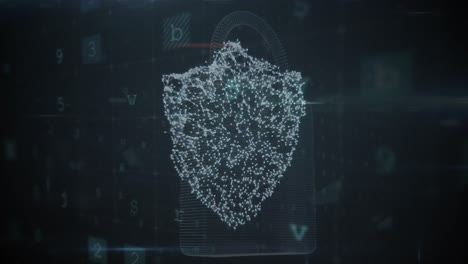 animación de números y letras cambiantes sobre el escudo de seguridad en línea