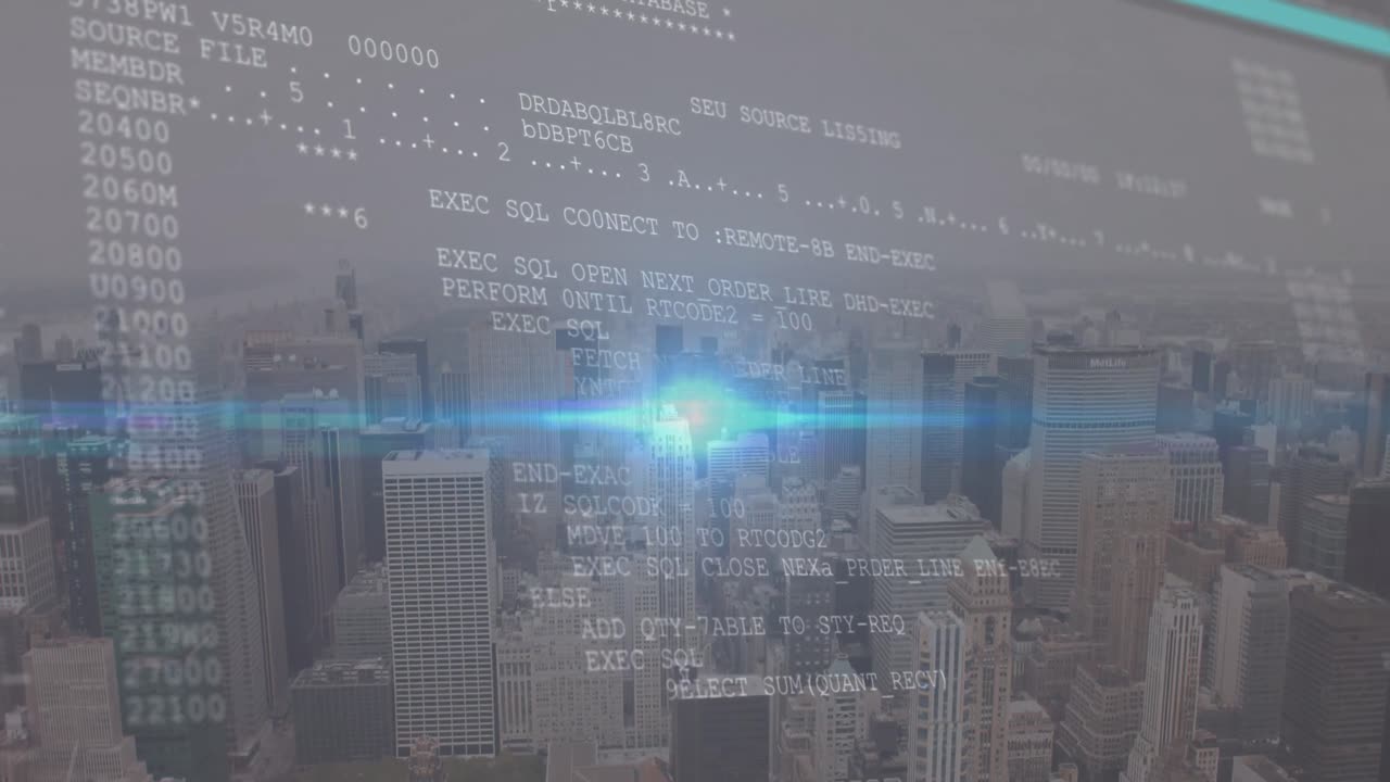 도시 풍경 위의 데이터 처리 애니메이션