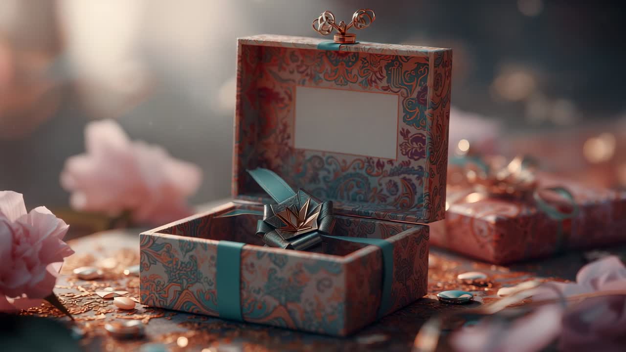 Barrido de cámara desplazando una caja de regalo hacia la derecha sobre una mesa, revelando confeti y un adorno de loto.