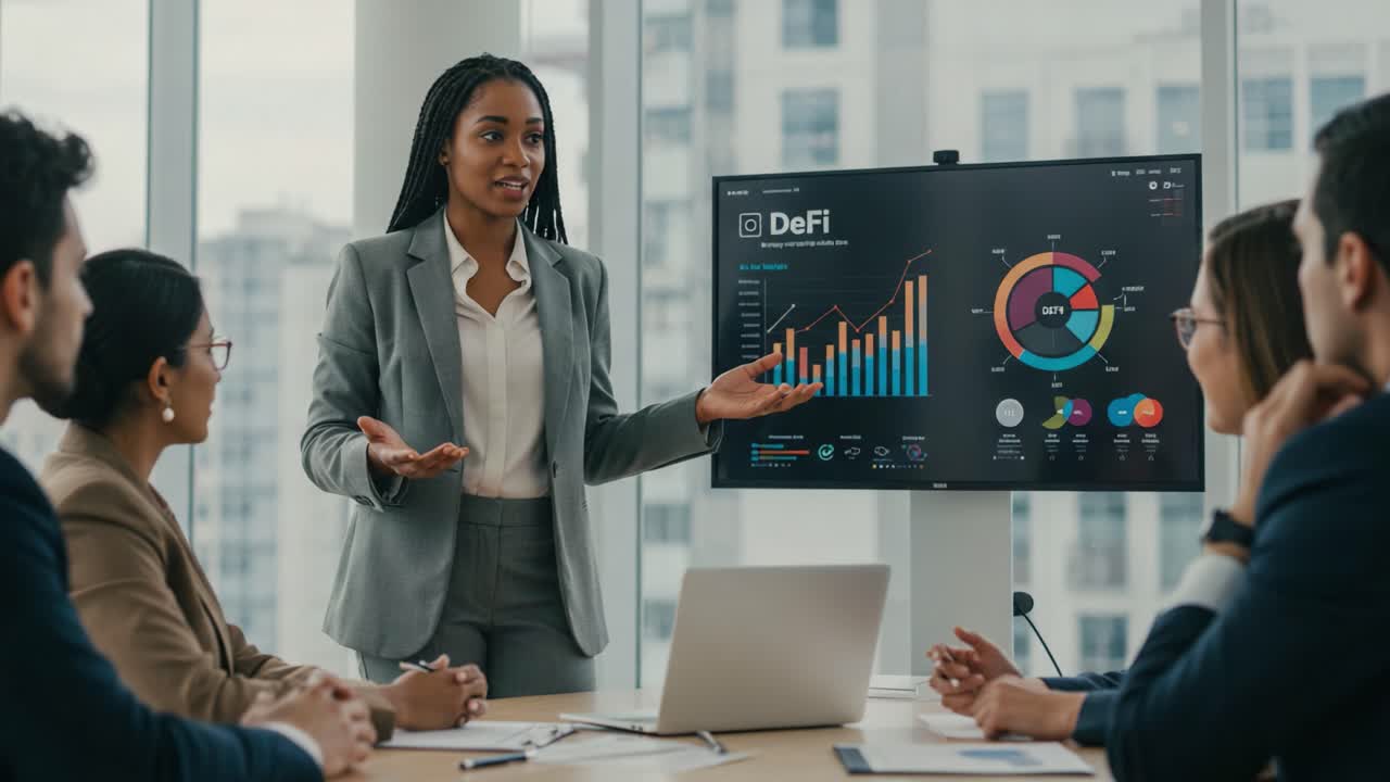 Engaging Business Presentation: A Professional Woman Delivers Insights on DeFi Trends and Analytics to an Attentive Audience in a Modern Office Setting