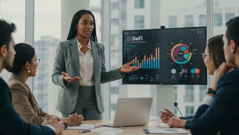 engaging business presentation: a professional woman delivers insights on defi trends and analytics to an attentive audience in a modern office setting