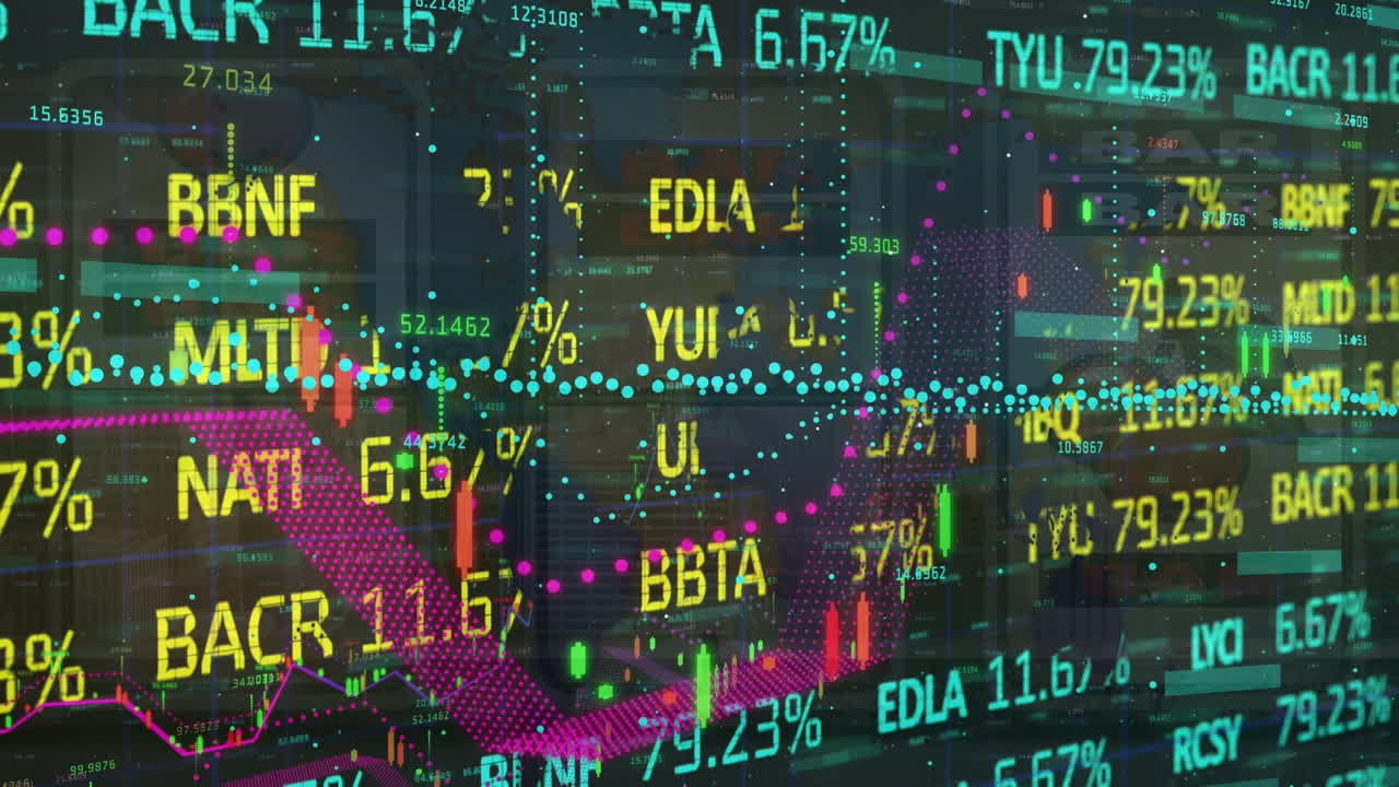Animation of graph with data processing and stock market over slot machine