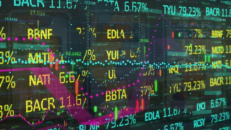 Animation of graph with data processing and stock market over slot machine