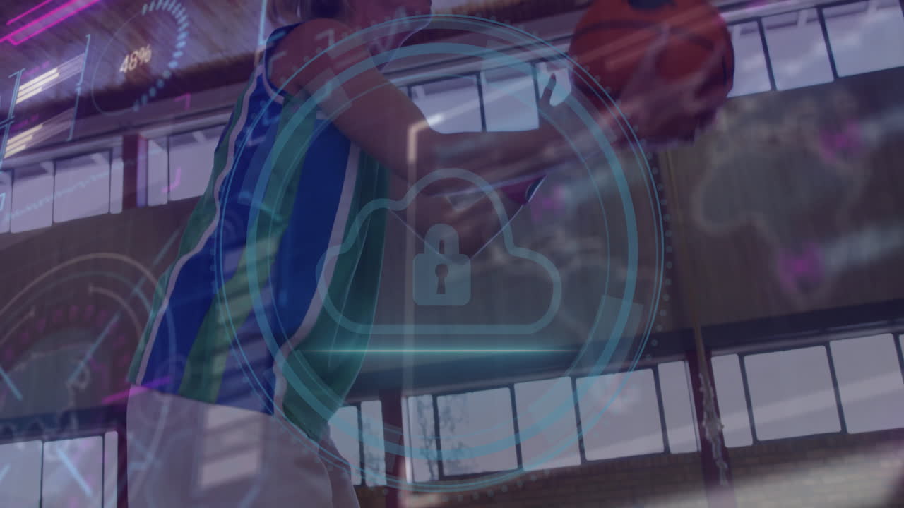 Playing basketball indoors, person with cloud security animation overlay visible