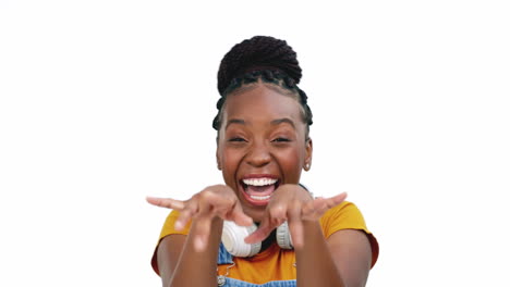 Black-woman,-studio-and-excited-face-with-hand