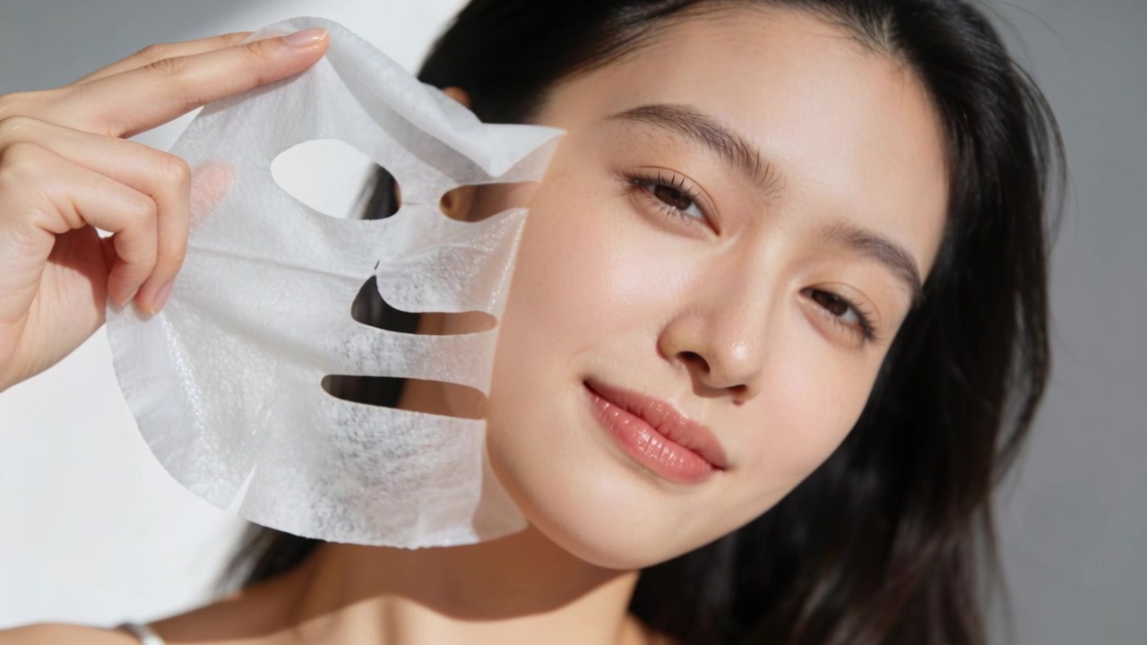 スキンケアの撮影セットで、ストラップトップを着た女性が左手でマスクを持ち、顔にマスクを合わせている。