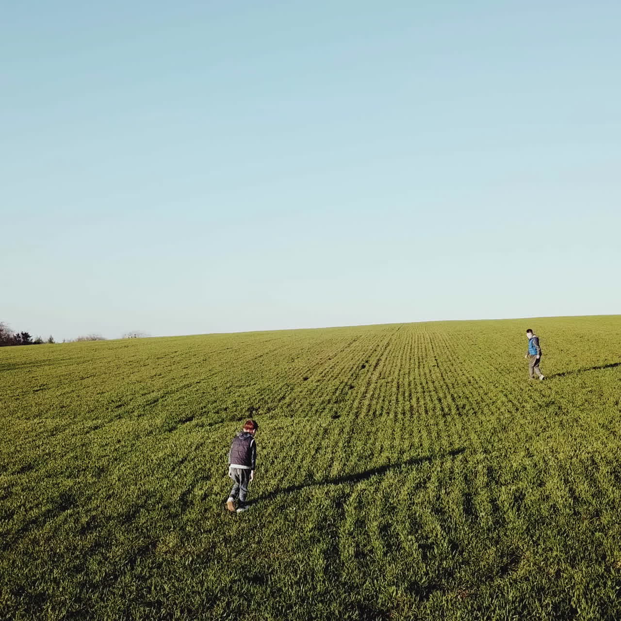 Due bambini stanchi camminano lungo il campo di erba verde. Vista aerea. Video quadrato.