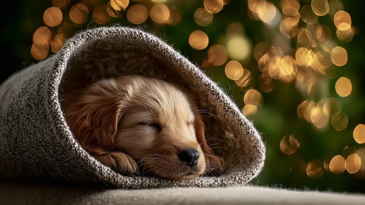 A Serene Moment: A Golden Retriever Puppy Soundly Asleep in a Cozy Wool Blanket Surrounded by Twinkling Holiday Lights, Evoking Warmth and Comfort in a Festive Atmosphere