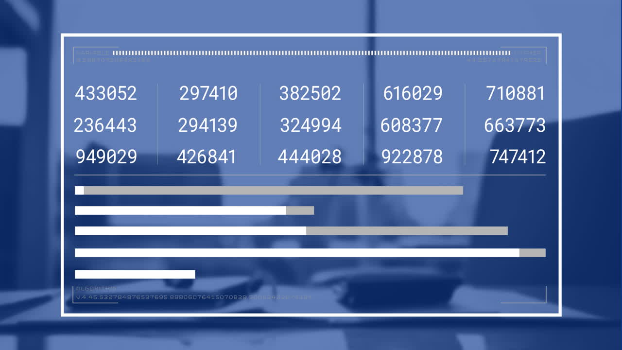 Animation of data processing and diagrams over empty office
