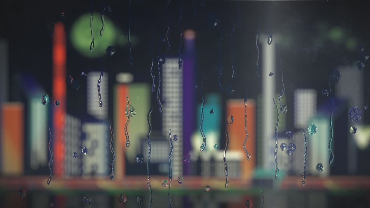 번개 볼트, 게임 배경, 분위기 있는 소개 배경이 있는 디지털 네온 아케이드 도시 앞의 물방울이 창문 아래로 흘러내립니다.