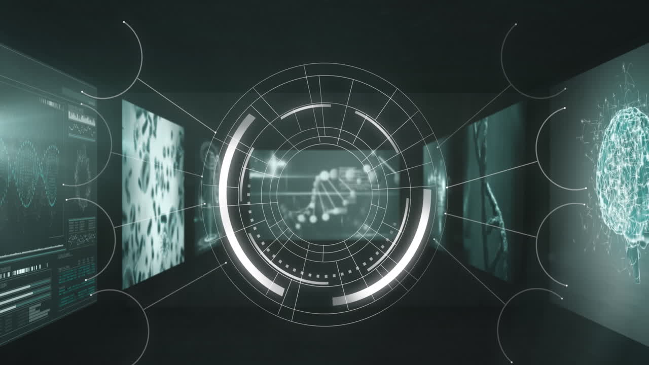 animación de un escáner redondo girando contra pantallas con procesamiento de datos médicos en fondo negro