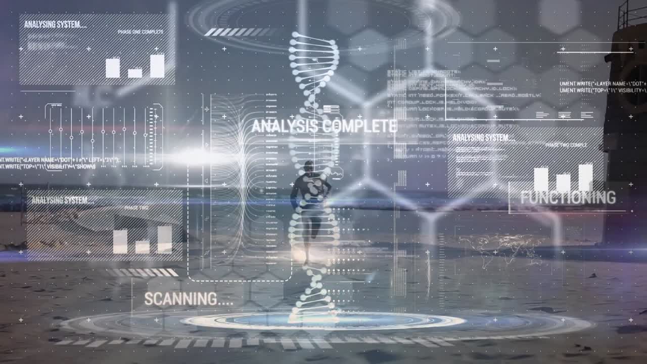 Animation of dna strand spinning and data processing over african american man running
