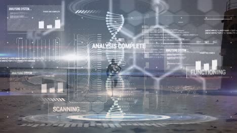 animación de la hilera de adn girando y procesamiento de datos sobre el hombre afroamericano corriendo