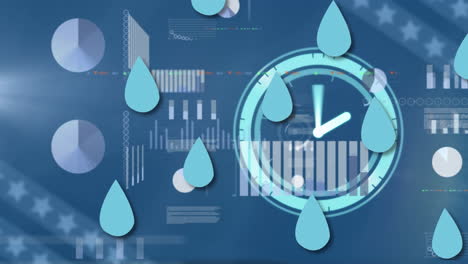 animation of data processing, water drops and data processing on blue background