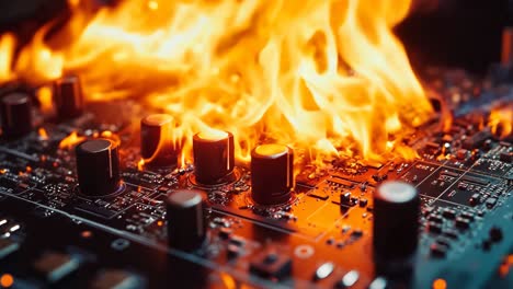 a circuit board on fire with a black background