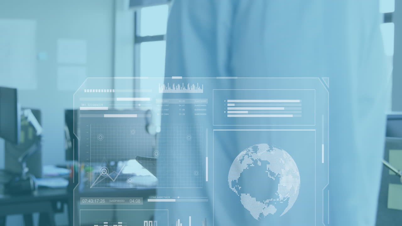 animación de gráficos, globos, barras de carga y círculos, mujer asiática desplazándose en la tableta digital