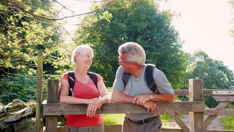 retrato en cámara lenta de una pareja de ancianos caminando en el distrito de los lagos del reino unido mirando a través de una puerta de madera