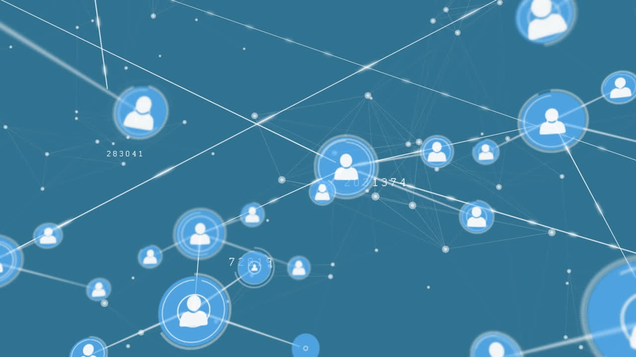 파란색 배경에 아이콘과 데이터 처리를 가진 연결 네트워크의 애니메이션