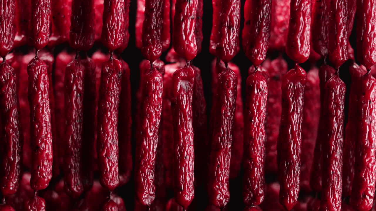 Linguiças de carne seca defumada no estúdio em fundo preto
