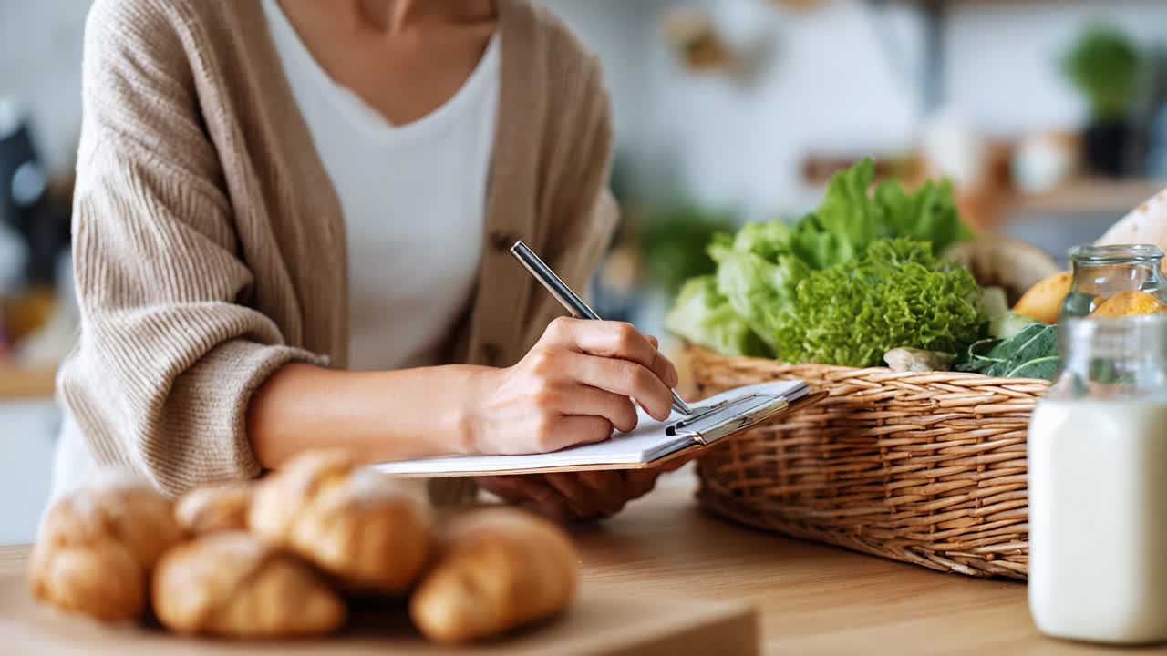 En person tager noter i et hyggeligt køkken omgivet af friske grøntsager og bagværk, hvilket understreger vigtigheden af sund kost og tilberedning af måltider.
