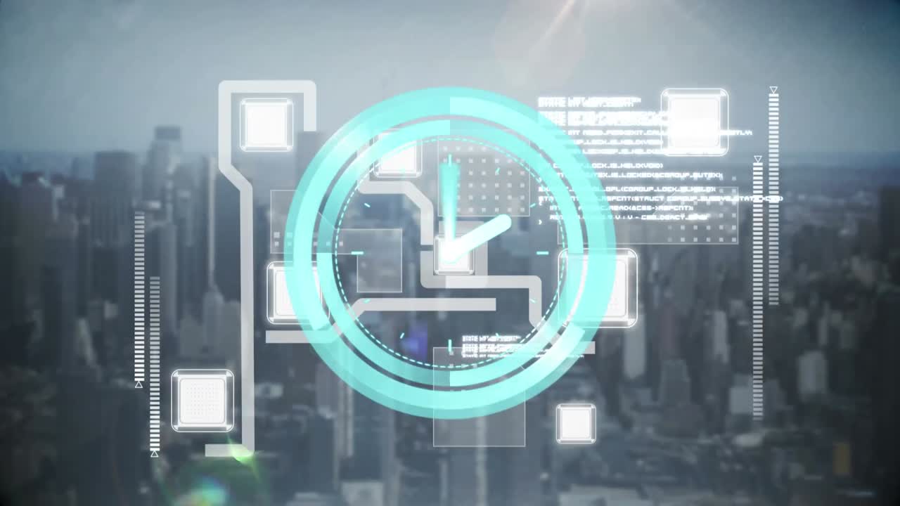 Animation of clock moving fast and data processing over cityscape
