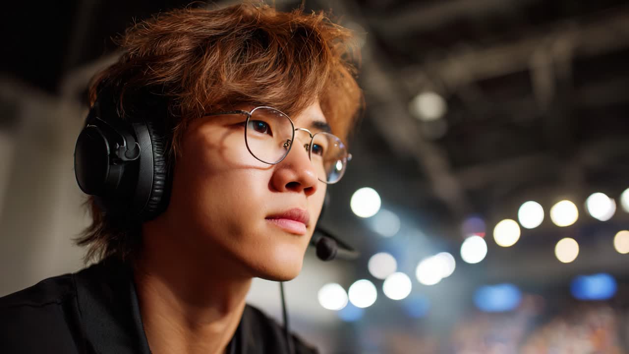 Fokusert gamer med headset og briller, som intenst observerer spillet, fordypet i e-sportmiljøet, og viser konsentrasjon og dedikasjon