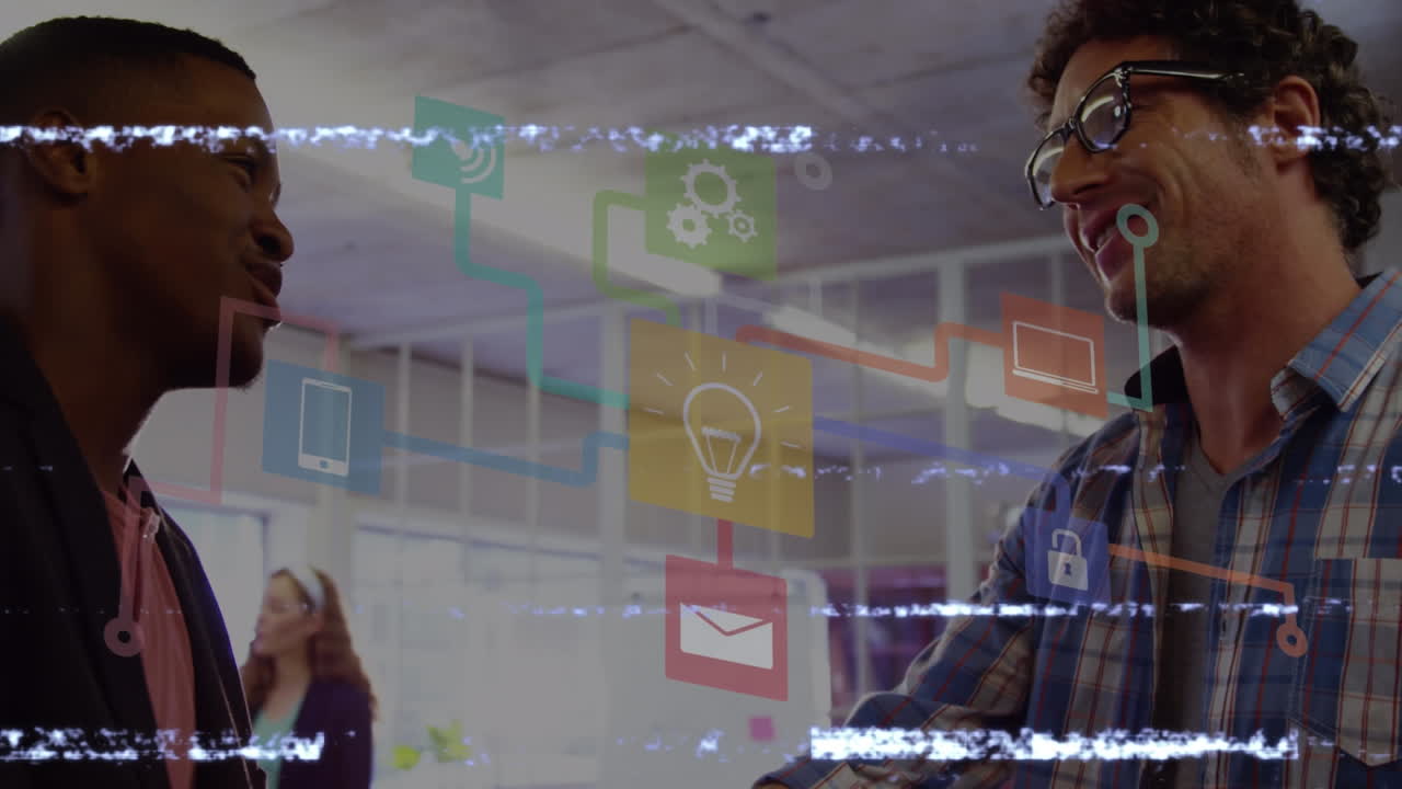 Animation of glitch, network of connections and data processing over diverse business people