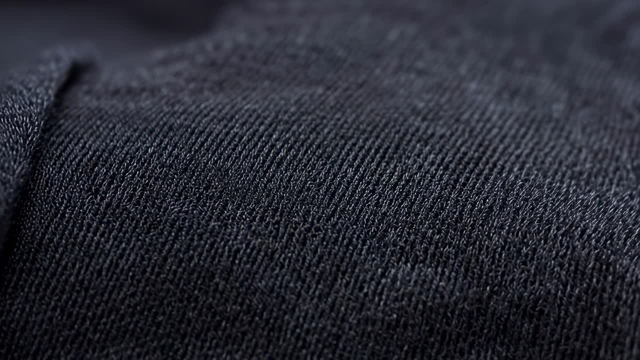 Sequence starting, tracking camera moving across dark knit textile in studio, revealing seam