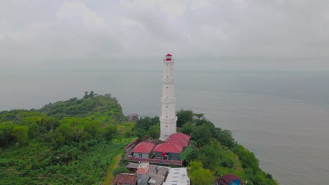 orbit drone shot of old white lighthouse on the top of coral cliff border with sea - baron beach, indonesia