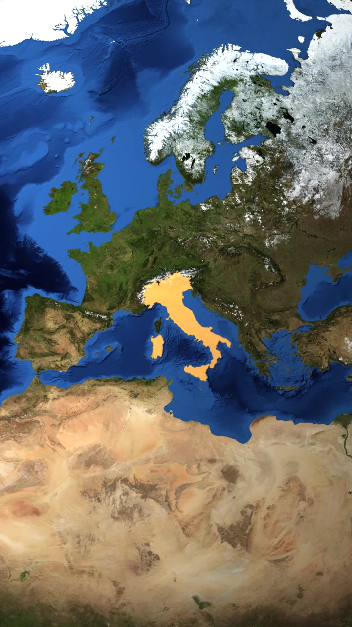 Animoitu zoomaus avaruudesta Italian karttaan sijaintinapilla ja Colosseumin maamerkkikuvakkeella