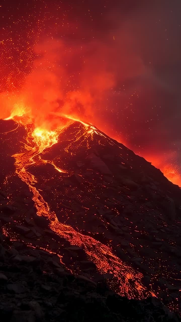 Video verticale: bocca sommitale in eruzione che rilascia lava lungo un pendio roccioso al crepuscolo, con pennacchio incandescente