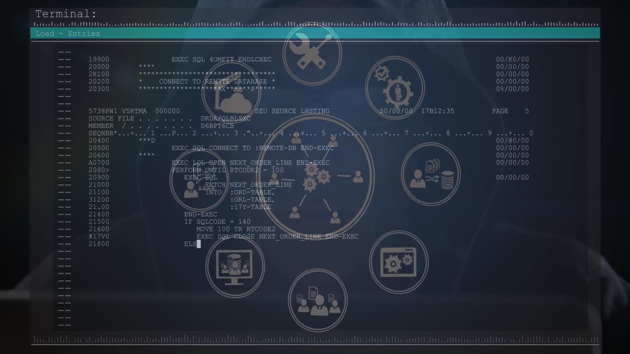 Network of digital icons over screen with data processing against male hacker using computer