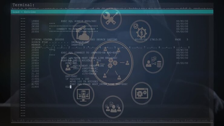 Network of digital icons over screen with data processing against male hacker using computer