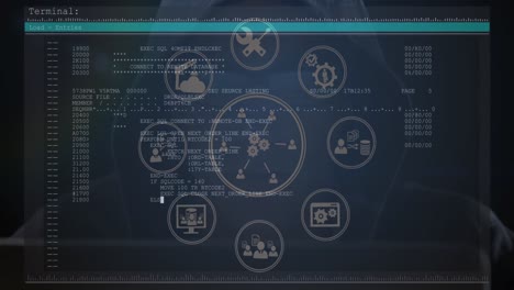 Netzwerk-Digitaler-Symbole-über-Dem-Bildschirm-Mit-Datenverarbeitung-Gegen-Männliche-Hacker,-Die-Einen-Computer-Verwenden