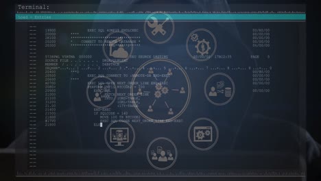 red de iconos digitales sobre la pantalla con procesamiento de datos contra un hacker masculino que usa computadora