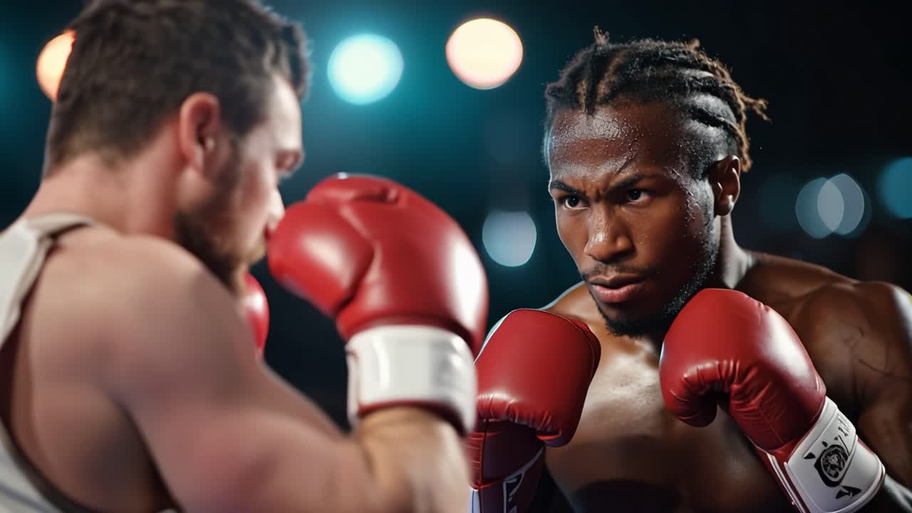 Intenso Incontro di Pugilato: Un Feroce Duello Tra Due Abili Combattenti in un Emozionante Scontro sul Ring Catturato in Vibranti Fotogrammi Ricchi d'Azione di Prodezza Atletica
