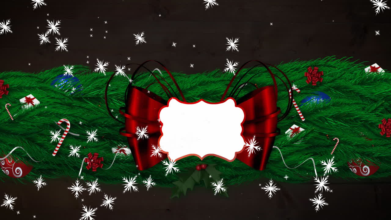 복사 공간과 크리스마스 장식으로 빨간 리본 배너 위에 떨어지는 눈송이의 애니메이션