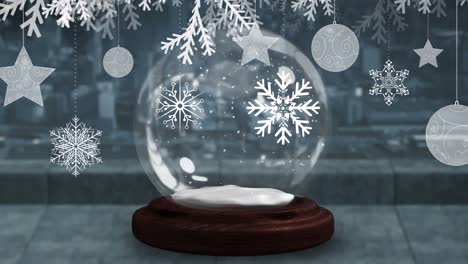 Christmas-hanging-decorations-against-shooting-star-spinning-around-snow-globe-on-wooden-surface