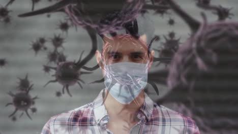 animation of covid 19 cells moving over man in face mask