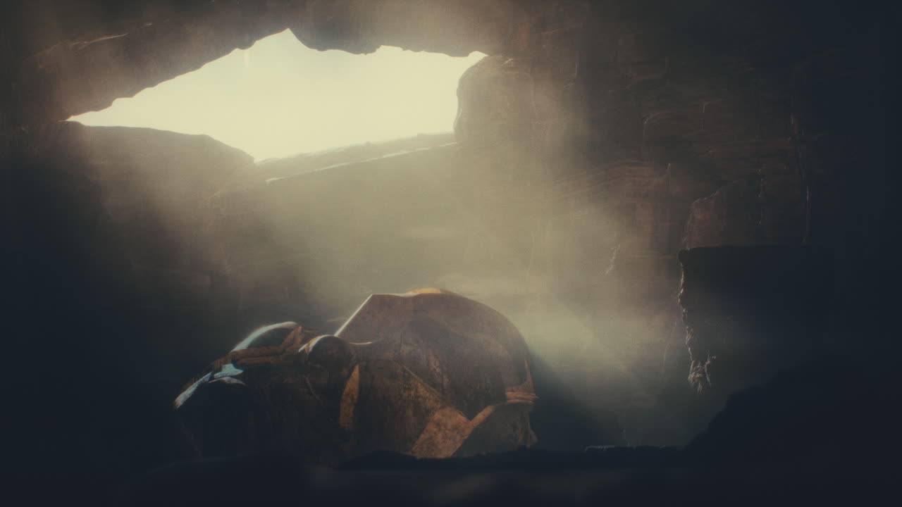 A head of the giant ancient deity statue hidden in a cave