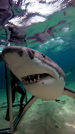 diver in shark cage photographs large shark underwater