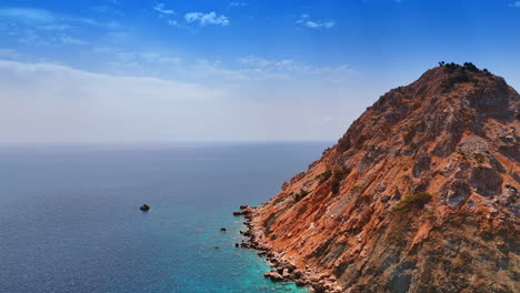 coastal view with cliffs and clear water. cliffs rise sharply from the turquoise sea under a clear blue sky