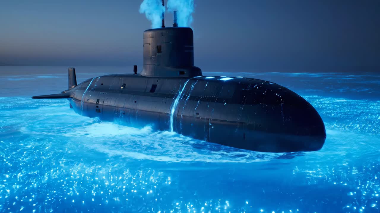 Submarine sailing on the ocean at night